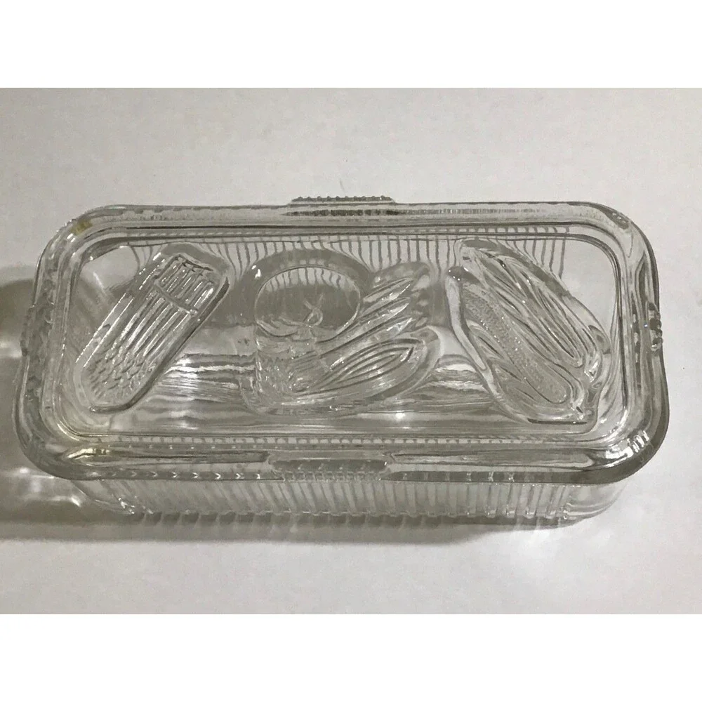 Vintage Federal Glass Ribbed Oblong Refrigerator Dish With Lid 8 inches Embossed